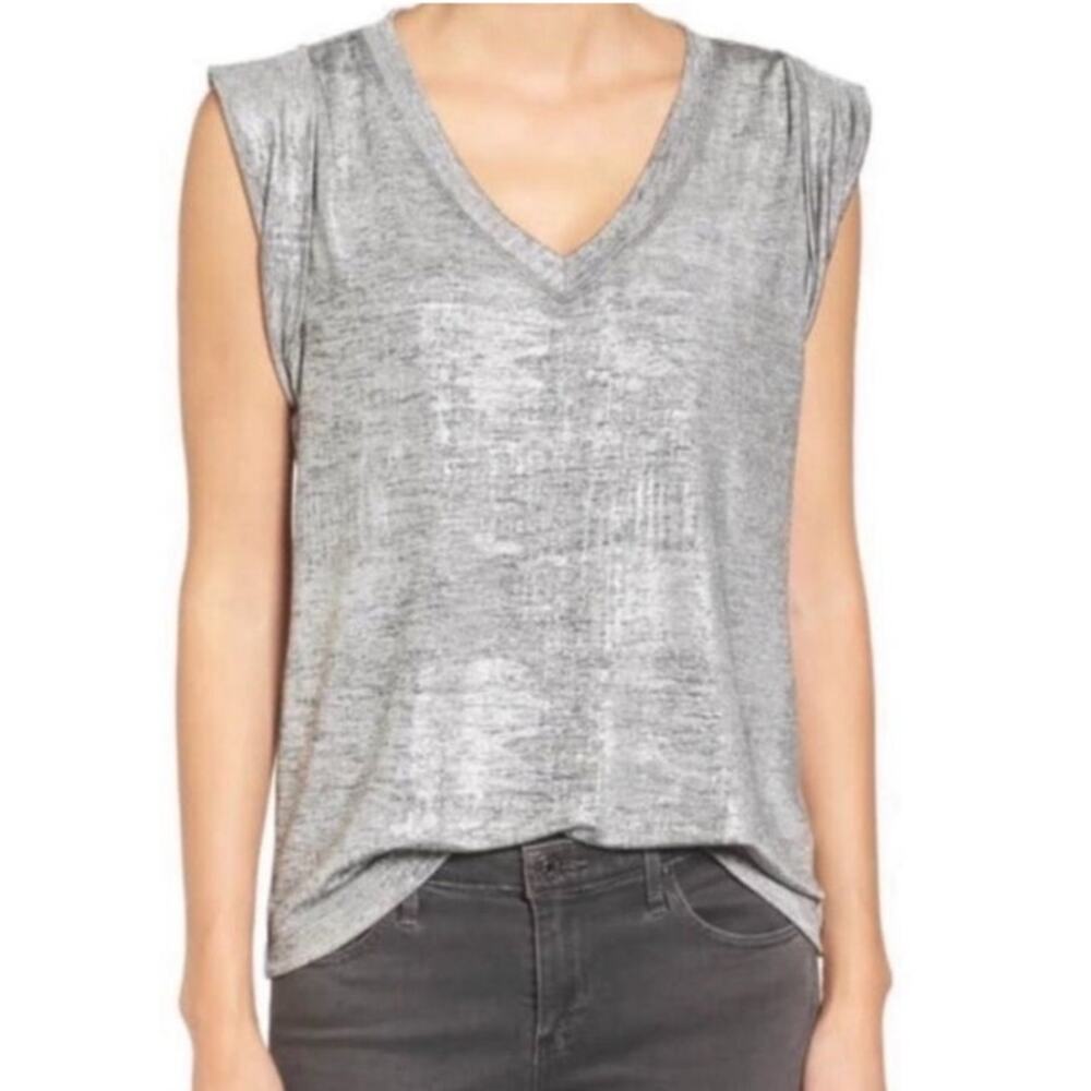 Trouve Heather Gray Silver Foil Rolled Sleeve V-Neck Top Women's M Metallic